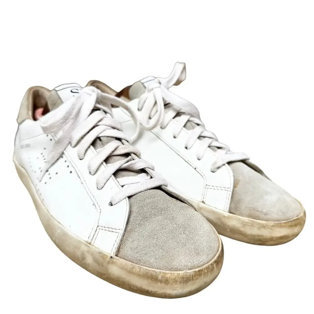 Sam Edelman Aubrie Sneakers Suede Leather Lace Up Perforated White Greige 7.5M